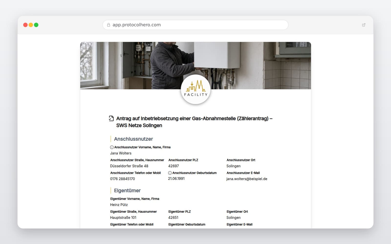 Vorschau der Vorlage „Antrag auf Inbetriebsetzung einer Gas-Abnahmestelle (Zählerantrag) – SWS Netze Solingen"