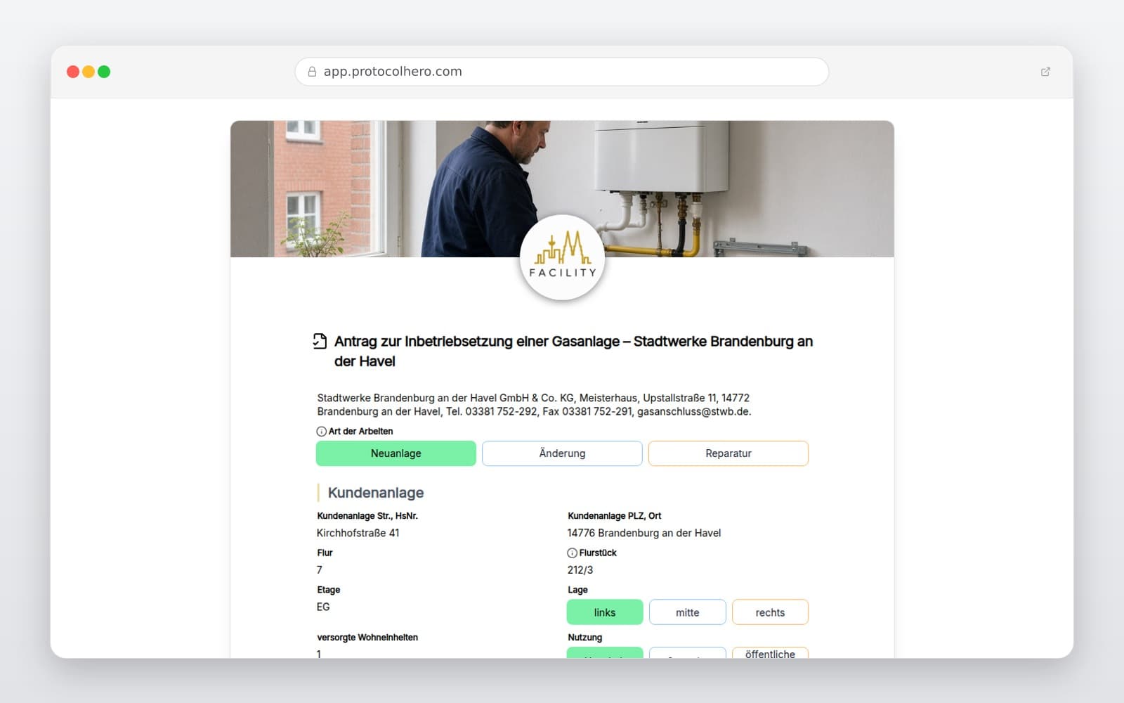 Vorschau der Vorlage „Antrag zur Inbetriebsetzung einer Gasanlage – Stadtwerke Brandenburg an der Havel"