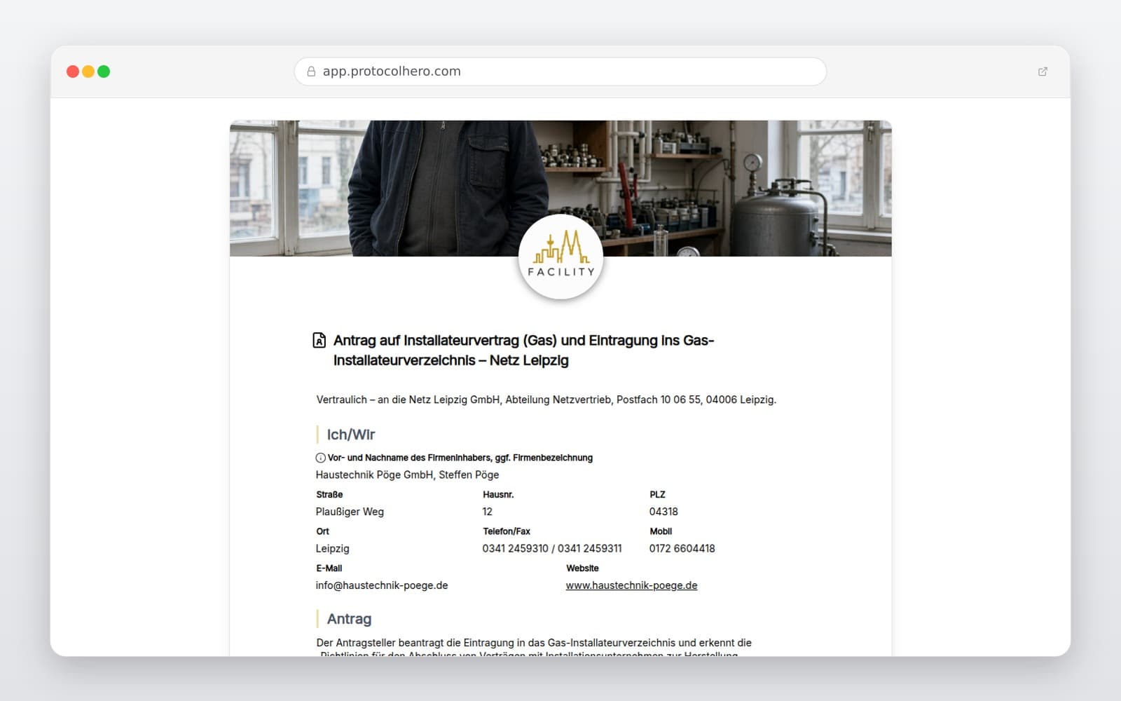 Vorschau der Vorlage „Antrag auf Installateurvertrag (Gas) und Eintragung ins Gas-Installateurverzeichnis – Netz Leipzig"