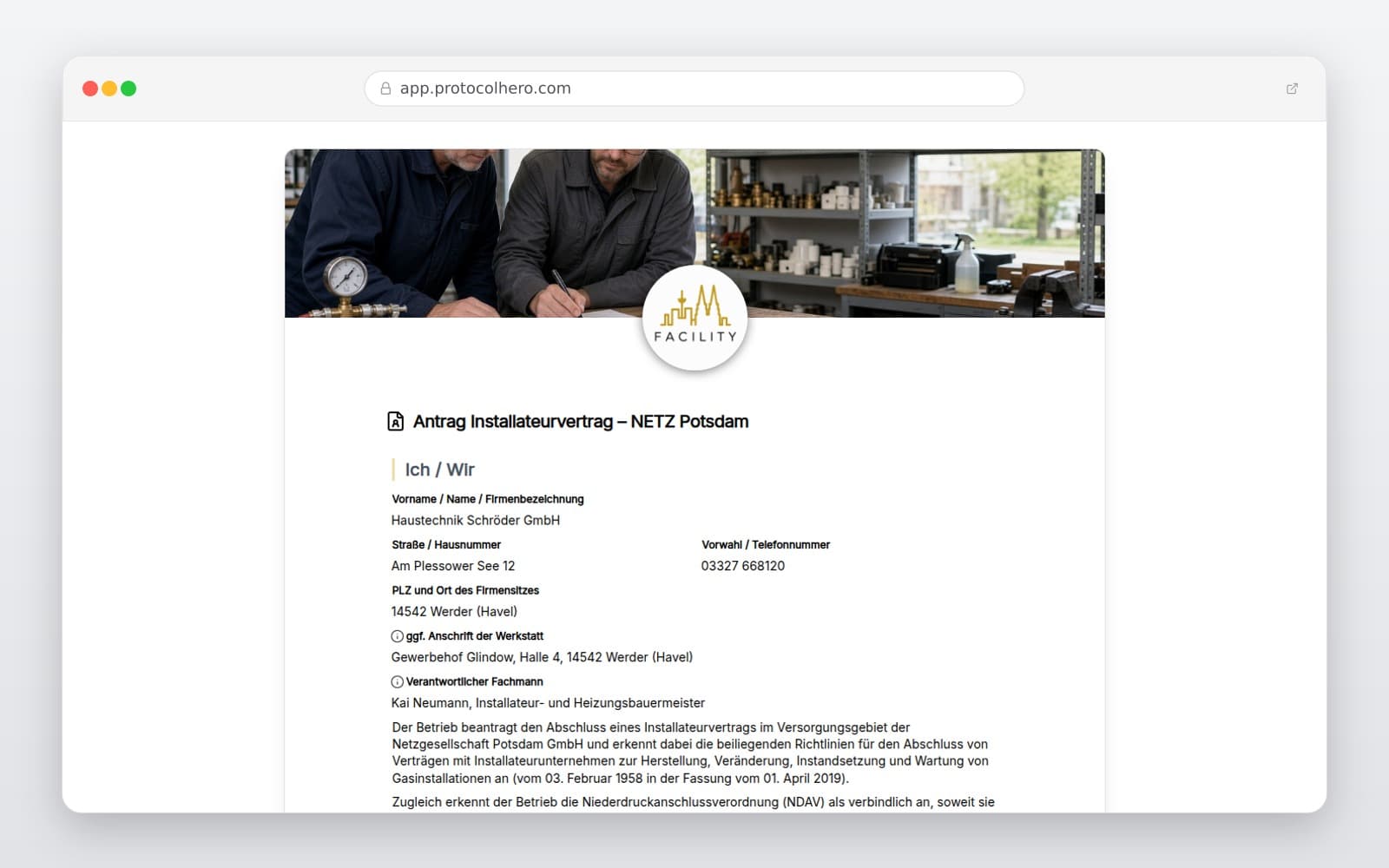 Vorschau der Vorlage „Antrag Installateurvertrag – NETZ Potsdam"