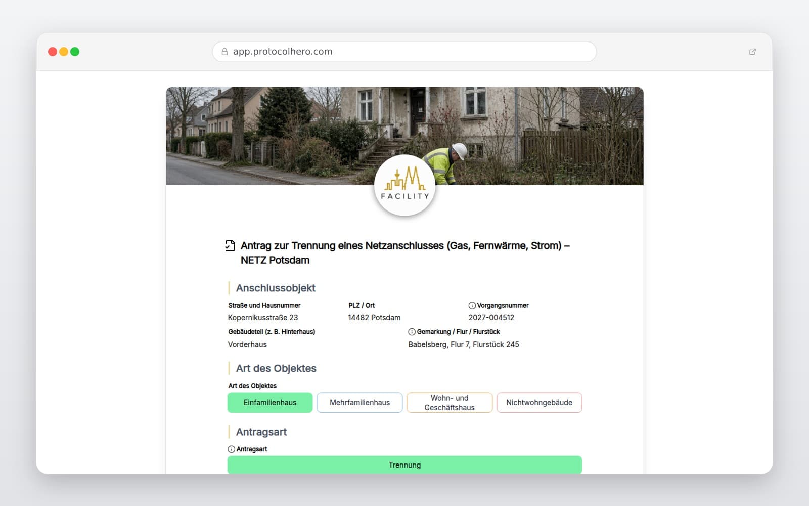 Vorschau der Vorlage „Antrag zur Trennung eines Netzanschlusses (Gas, Fernwärme, Strom) – NETZ Potsdam"