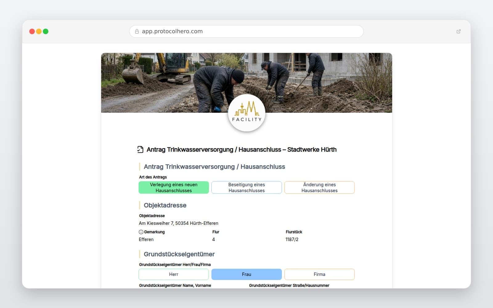 Vorschau der Vorlage „Antrag Trinkwasserversorgung / Hausanschluss – Stadtwerke Hürth"