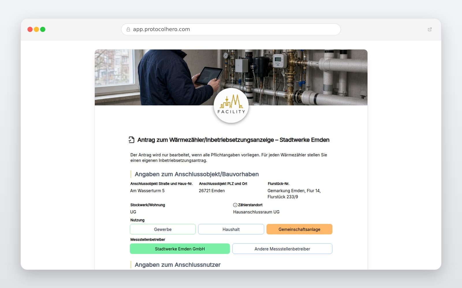 Vorschau der Vorlage „Antrag zum Wärmezähler/Inbetriebsetzungsanzeige – Stadtwerke Emden"