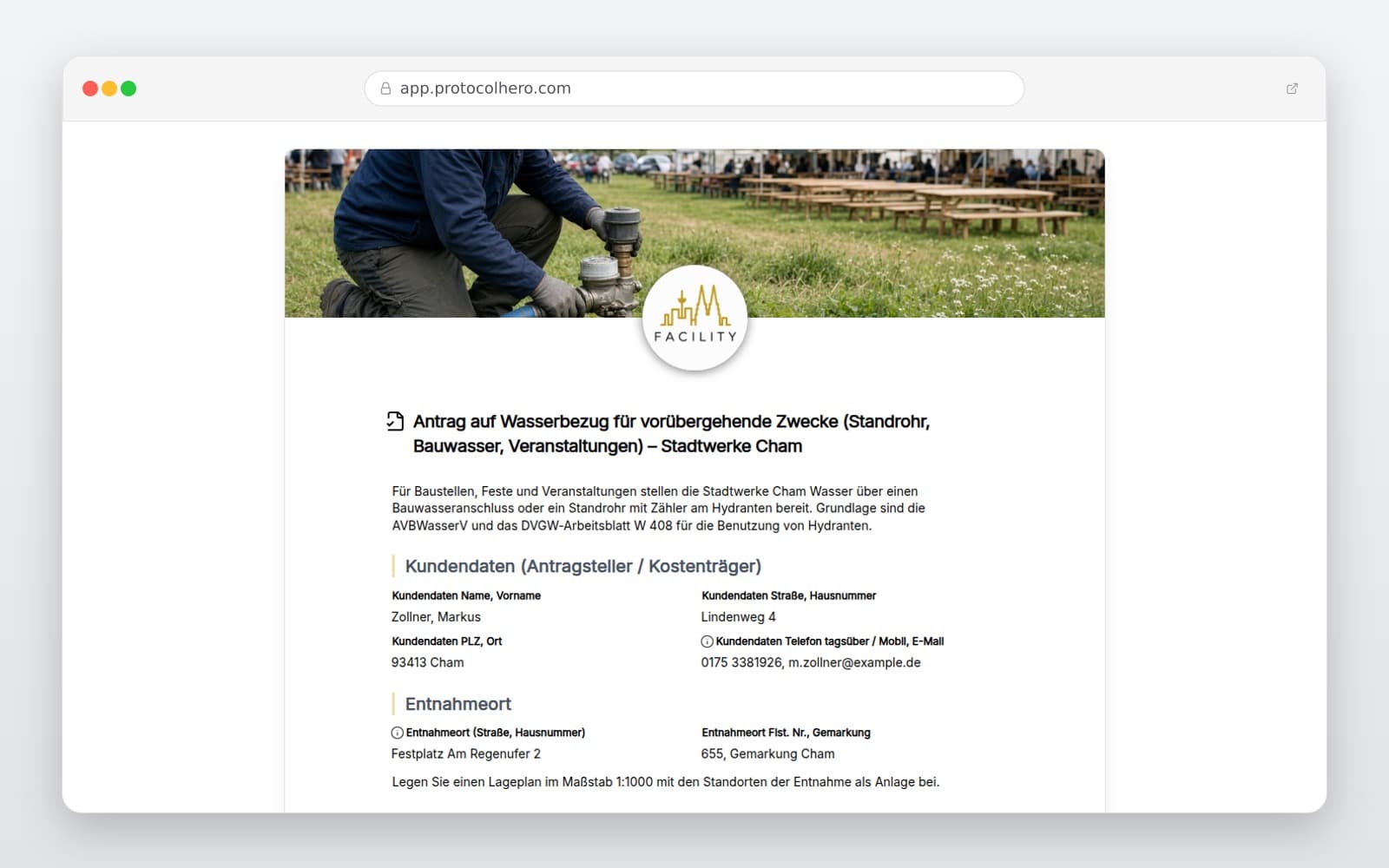 Vorschau der Vorlage „Antrag auf Wasserbezug für vorübergehende Zwecke (Standrohr, Bauwasser, Veranstaltungen) – Stadtwerke Cham"