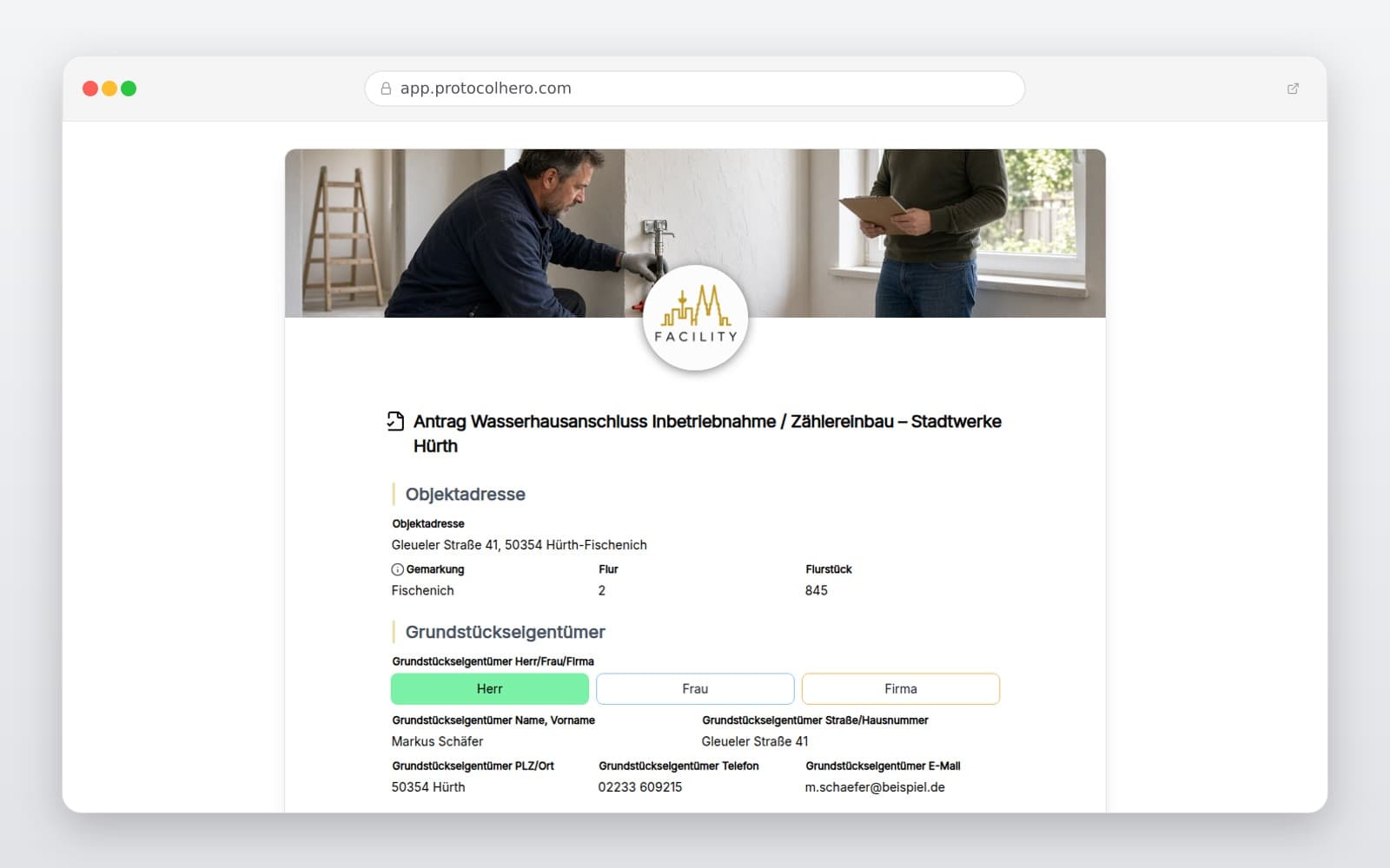 Vorschau der Vorlage „Antrag Wasserhausanschluss Inbetriebnahme / Zählereinbau – Stadtwerke Hürth"