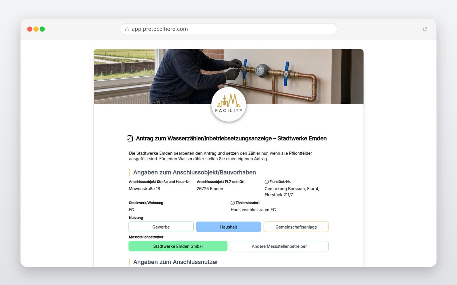 Vorschau der Vorlage „Antrag zum Wasserzähler/Inbetriebsetzungsanzeige – Stadtwerke Emden"