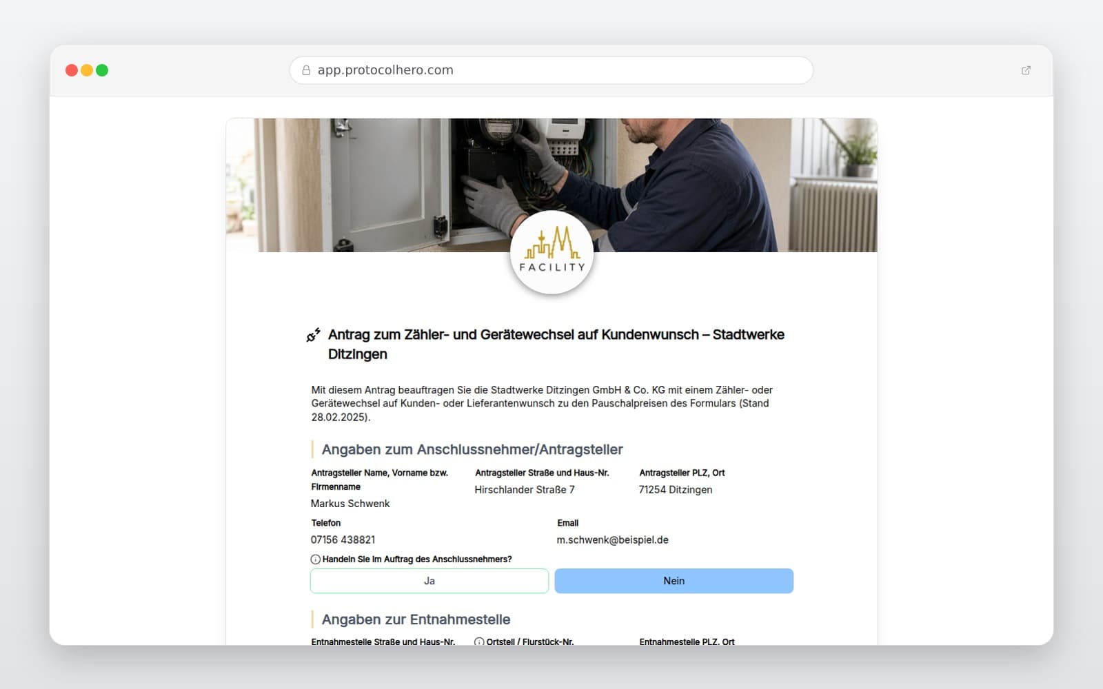 Vorschau der Vorlage „Antrag zum Zähler- und Gerätewechsel auf Kundenwunsch – Stadtwerke Ditzingen"
