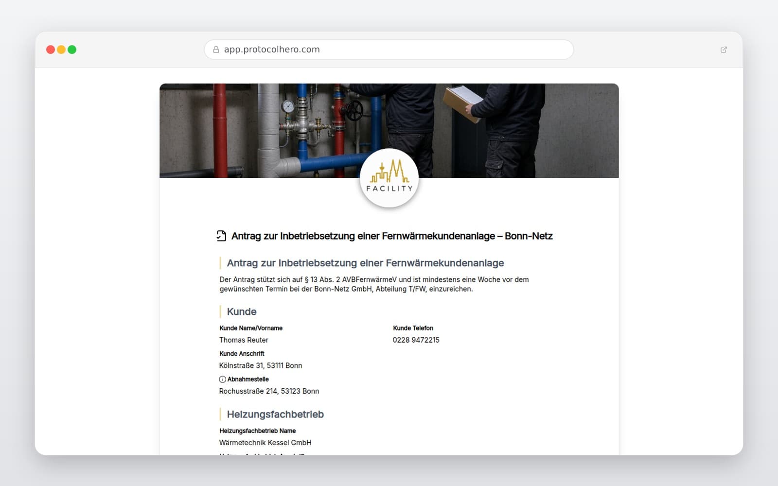 Vorschau der Vorlage „Antrag zur Inbetriebsetzung einer Fernwärmekundenanlage – Bonn-Netz"