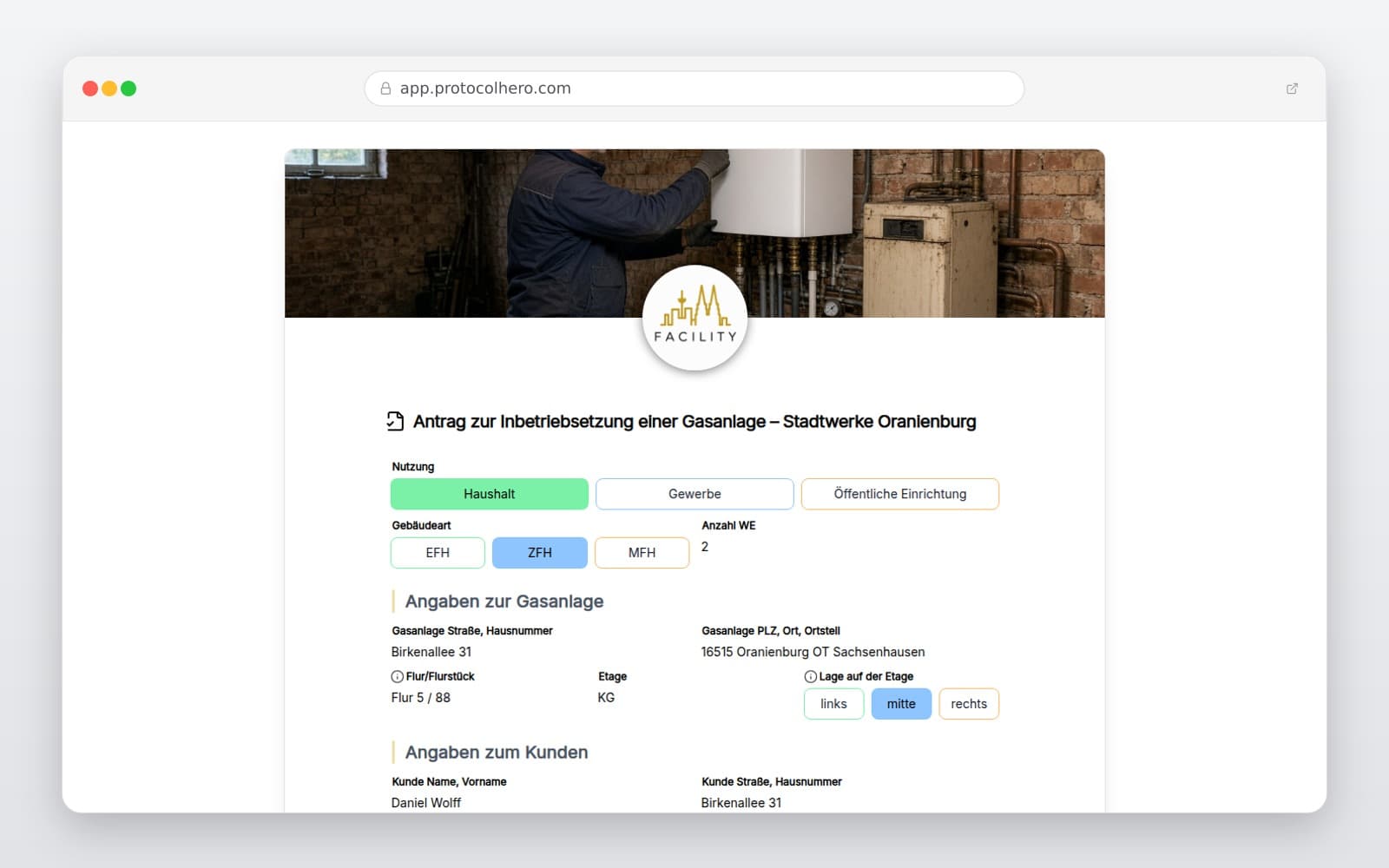 Vorschau der Vorlage „Antrag zur Inbetriebsetzung einer Gasanlage – Stadtwerke Oranienburg"