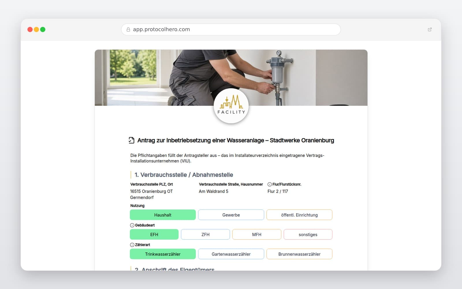 Vorschau der Vorlage „Antrag zur Inbetriebsetzung einer Wasseranlage – Stadtwerke Oranienburg"