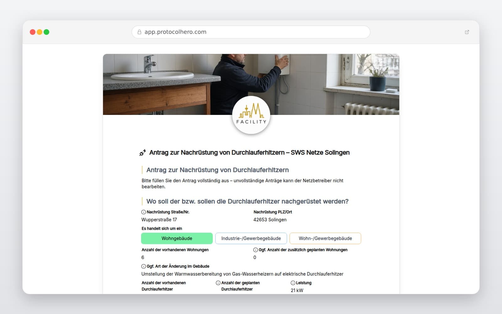 Vorschau der Vorlage „Antrag zur Nachrüstung von Durchlauferhitzern – SWS Netze Solingen"