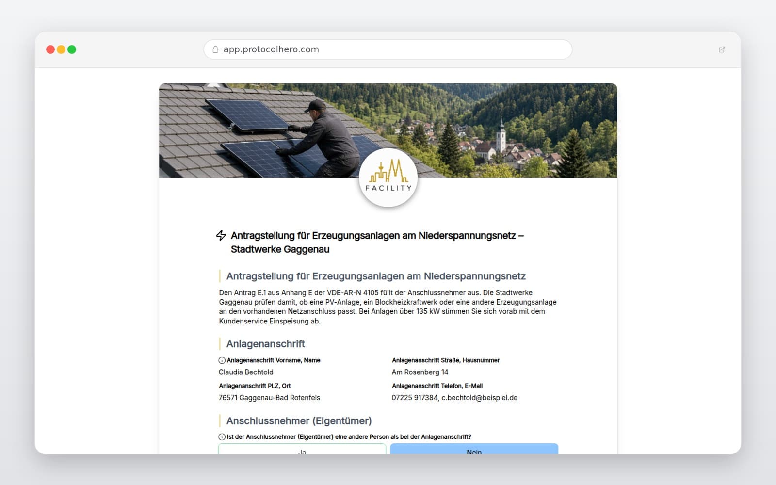 Vorschau der Vorlage „Antragstellung für Erzeugungsanlagen am Niederspannungsnetz – Stadtwerke Gaggenau"