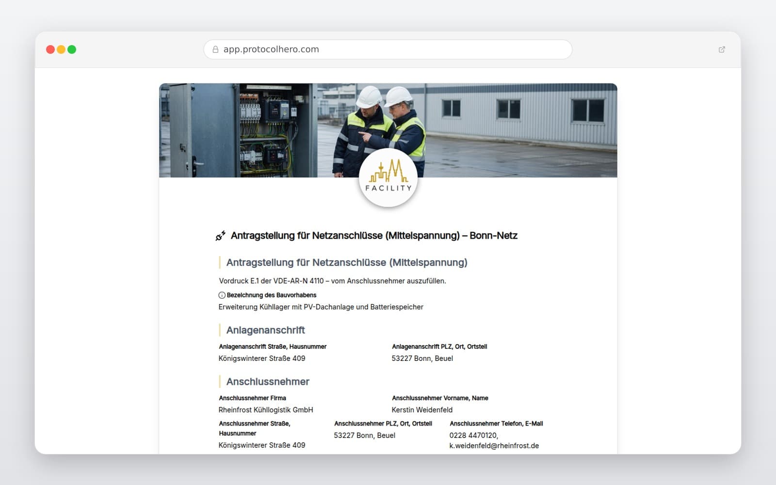 Vorschau der Vorlage „Antragstellung für Netzanschlüsse (Mittelspannung) – Bonn-Netz"