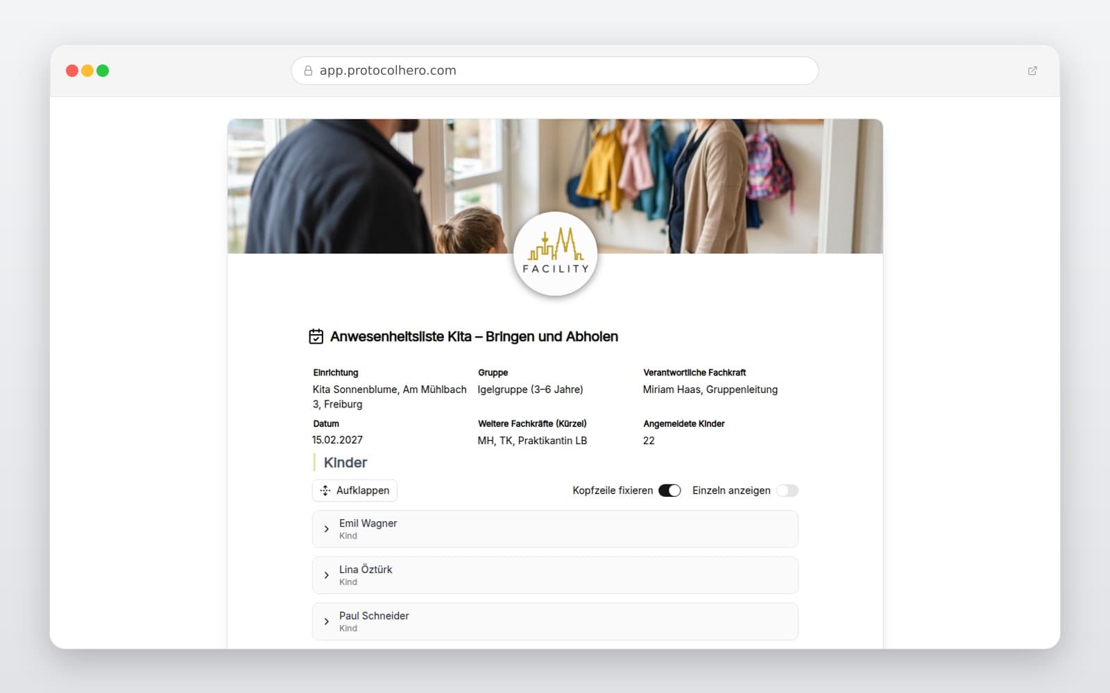 Vorschau der Vorlage „Anwesenheitsliste Kita – Bringen und Abholen"