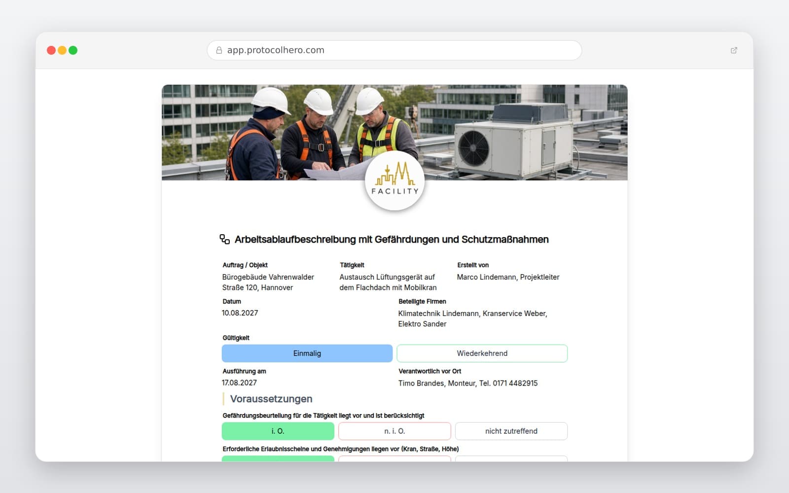 Vorschau der Vorlage „Arbeitsablaufbeschreibung mit Gefährdungen und Schutzmaßnahmen"