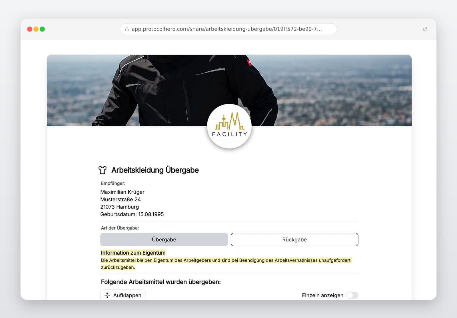Vorschau der Vorlage „Arbeitskleidung Übergabe – Protokoll für PSA, Berufskleidung & Rückgabe"