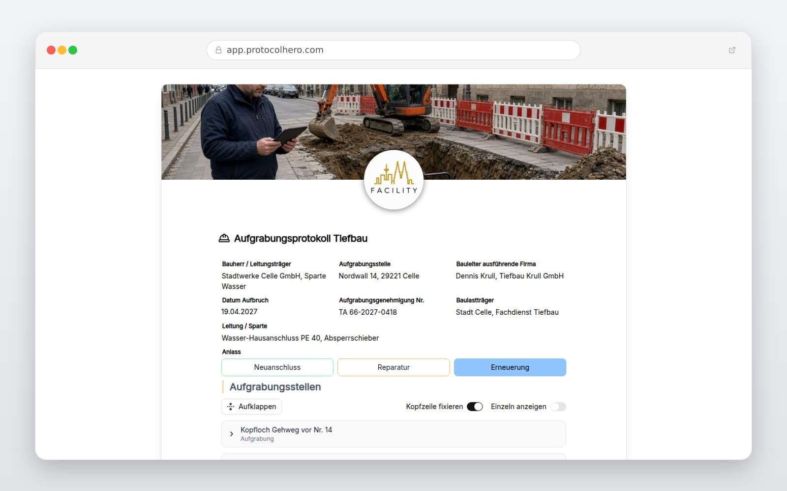 Vorschau der Vorlage „Aufgrabungsprotokoll Tiefbau"