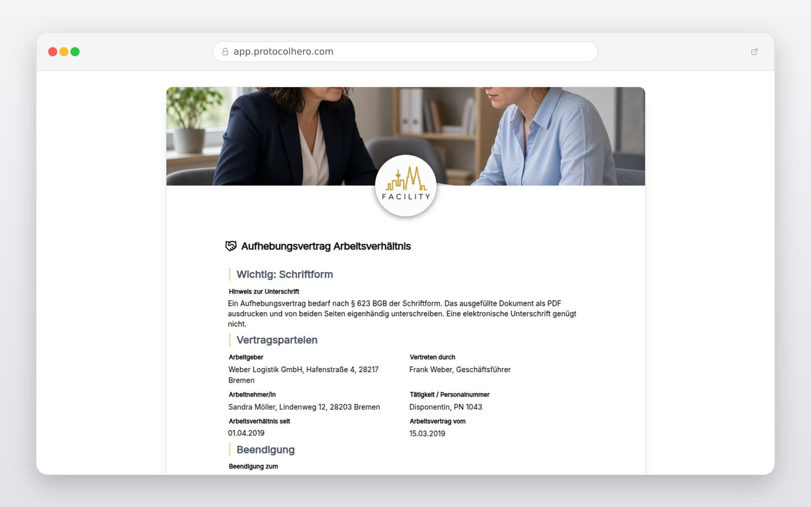 Vorschau der Vorlage „Aufhebungsvertrag Arbeitsverhältnis"