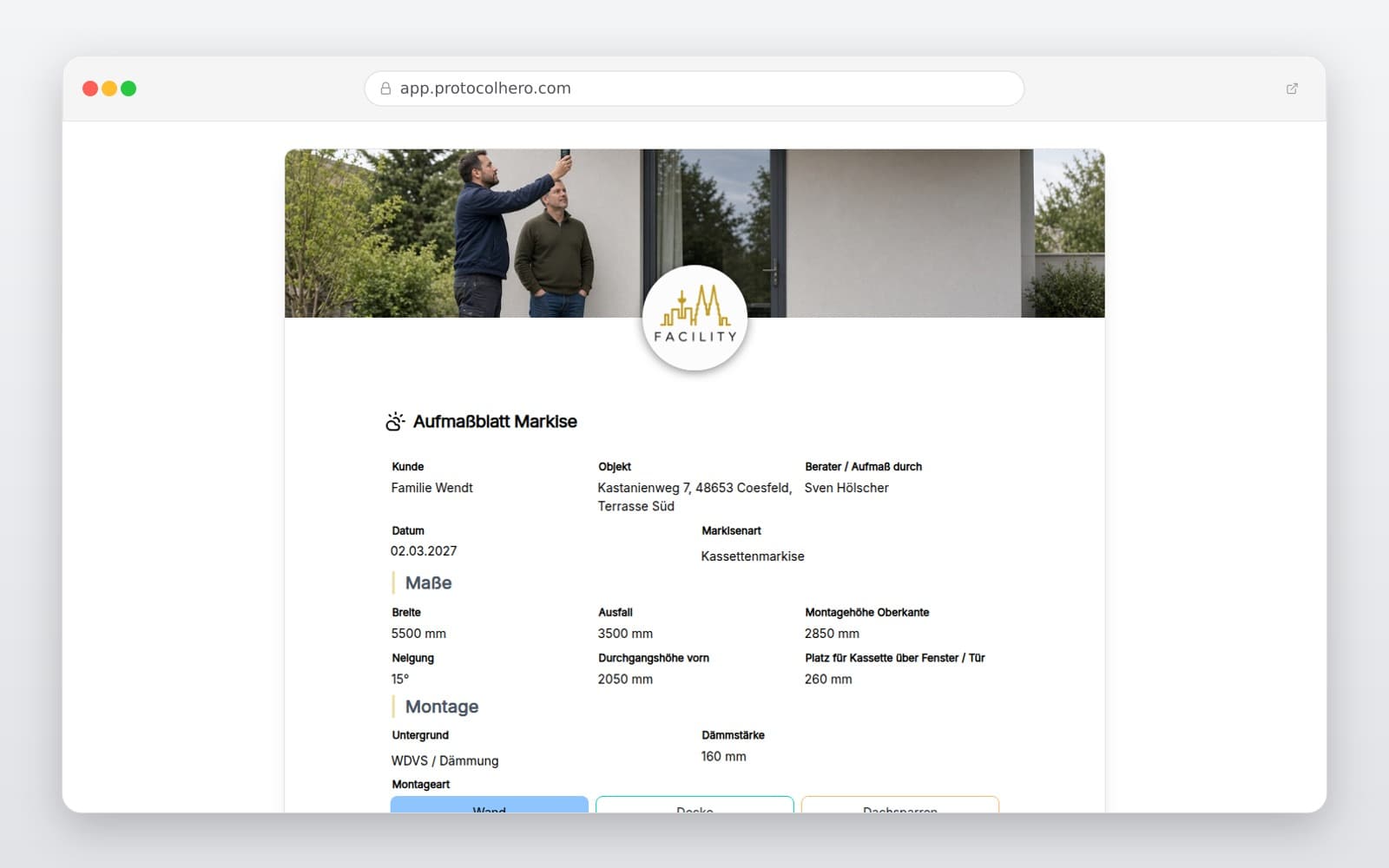 Vorschau der Vorlage „Aufmaßblatt Markise"