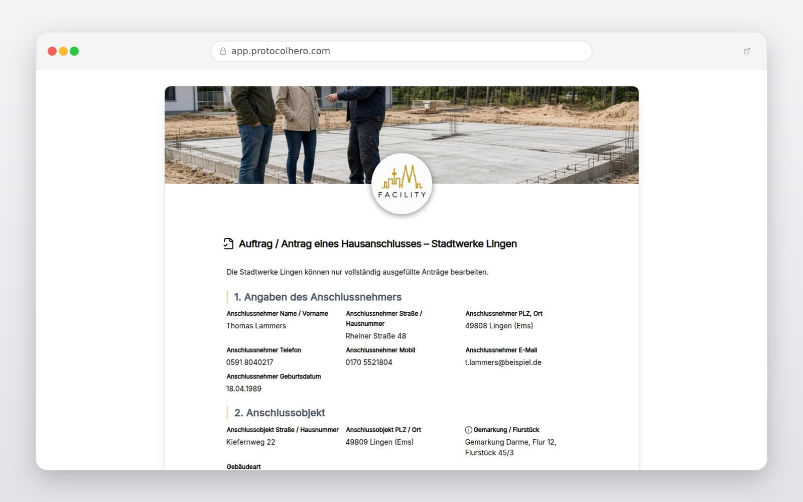 Vorschau der Vorlage „Auftrag / Antrag eines Hausanschlusses – Stadtwerke Lingen"