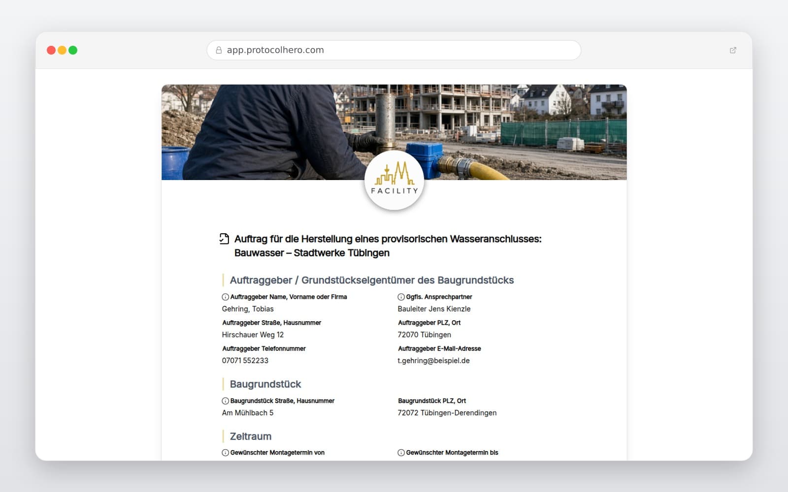 Vorschau der Vorlage „Auftrag für die Herstellung eines provisorischen Wasseranschlusses: Bauwasser – Stadtwerke Tübingen"