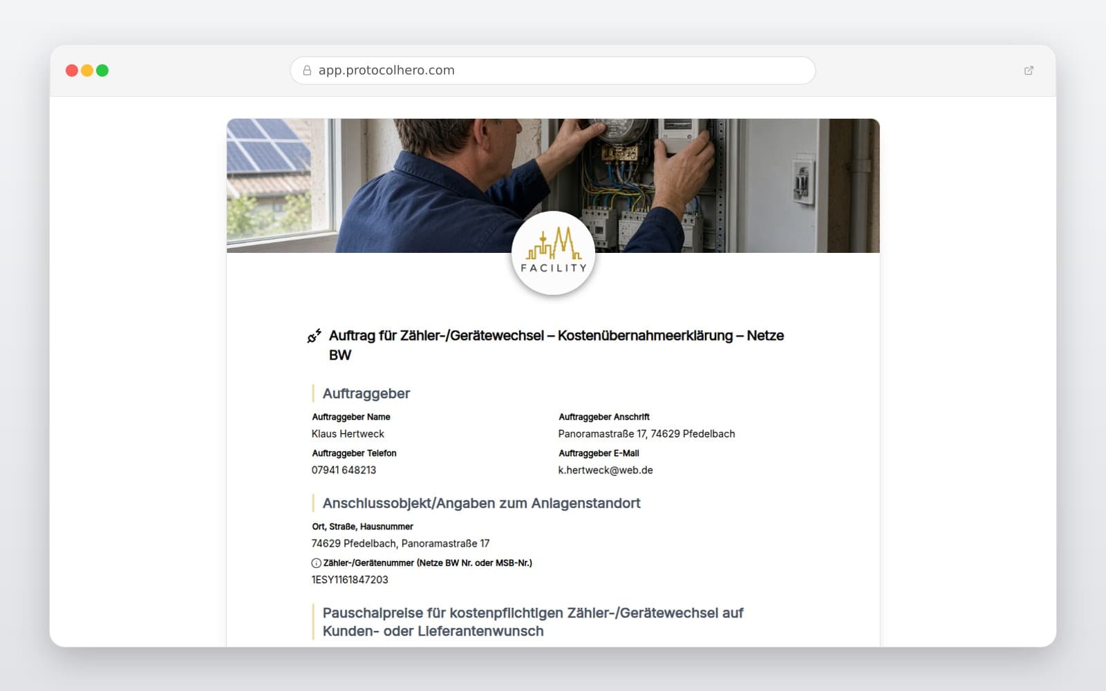 Vorschau der Vorlage „Auftrag für Zähler-/Gerätewechsel – Kostenübernahmeerklärung – Netze BW"