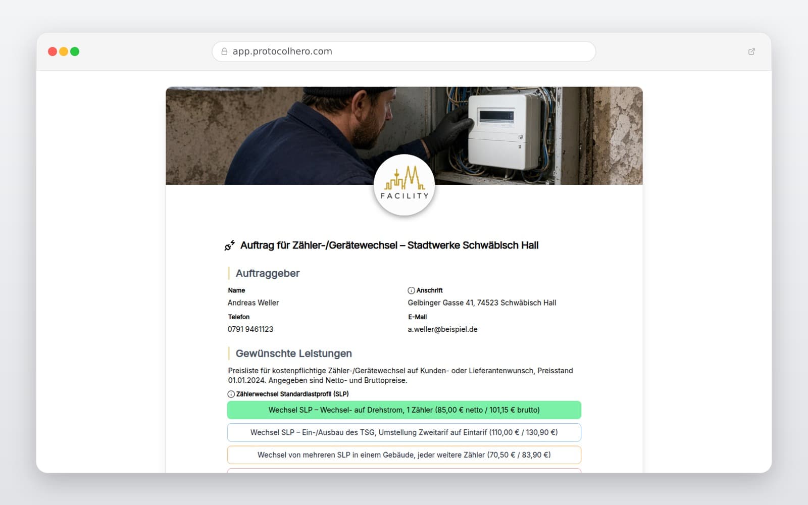Vorschau der Vorlage „Auftrag für Zähler-/Gerätewechsel – Stadtwerke Schwäbisch Hall"