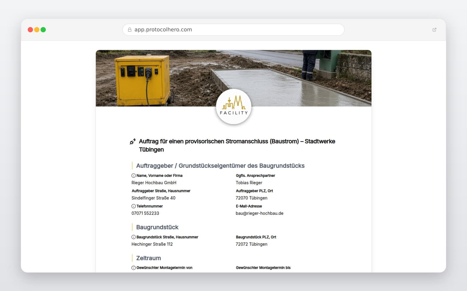 Vorschau der Vorlage „Auftrag für einen provisorischen Stromanschluss (Baustrom) – Stadtwerke Tübingen"