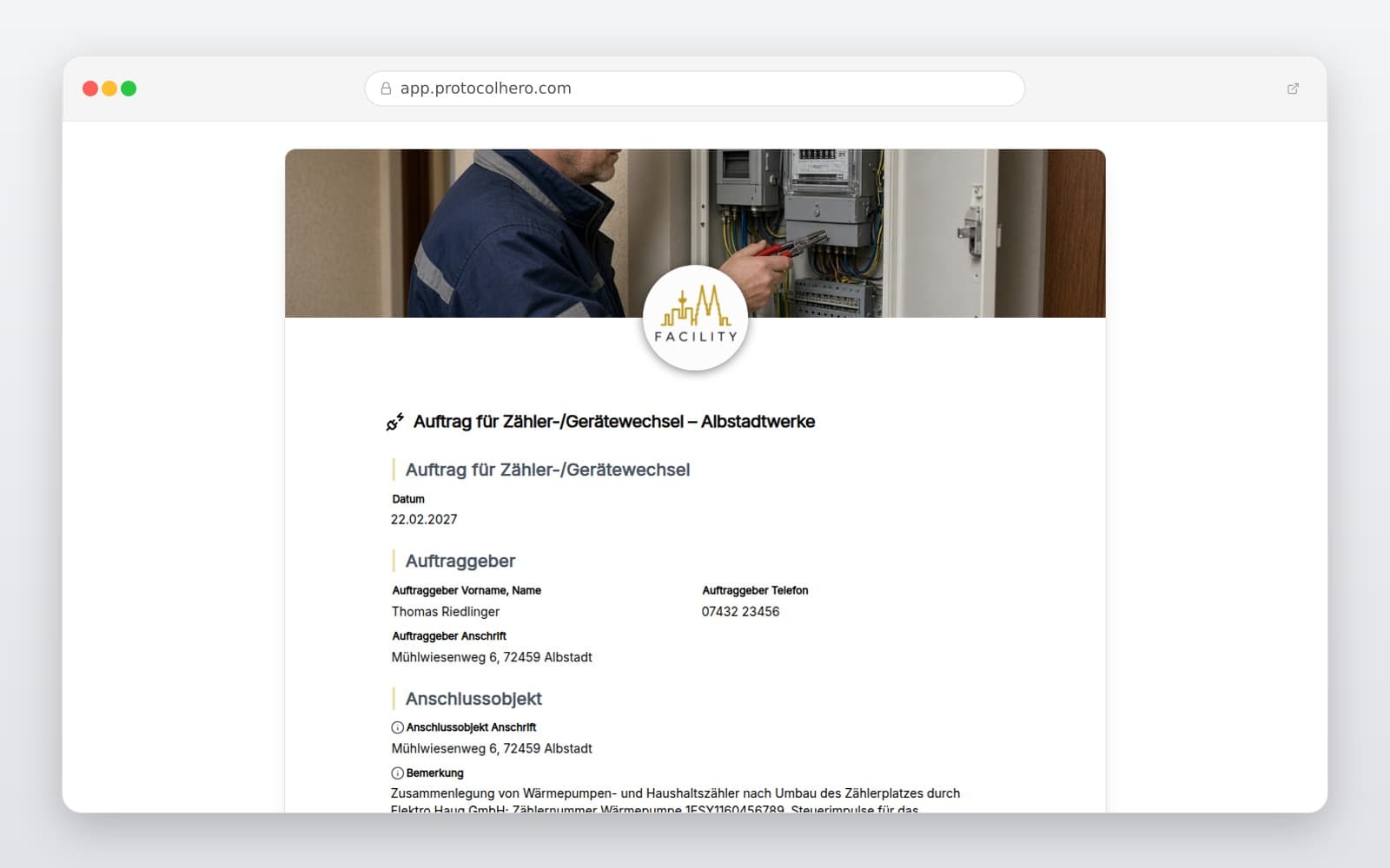 Vorschau der Vorlage „Auftrag für Zähler-/Gerätewechsel – Albstadtwerke"