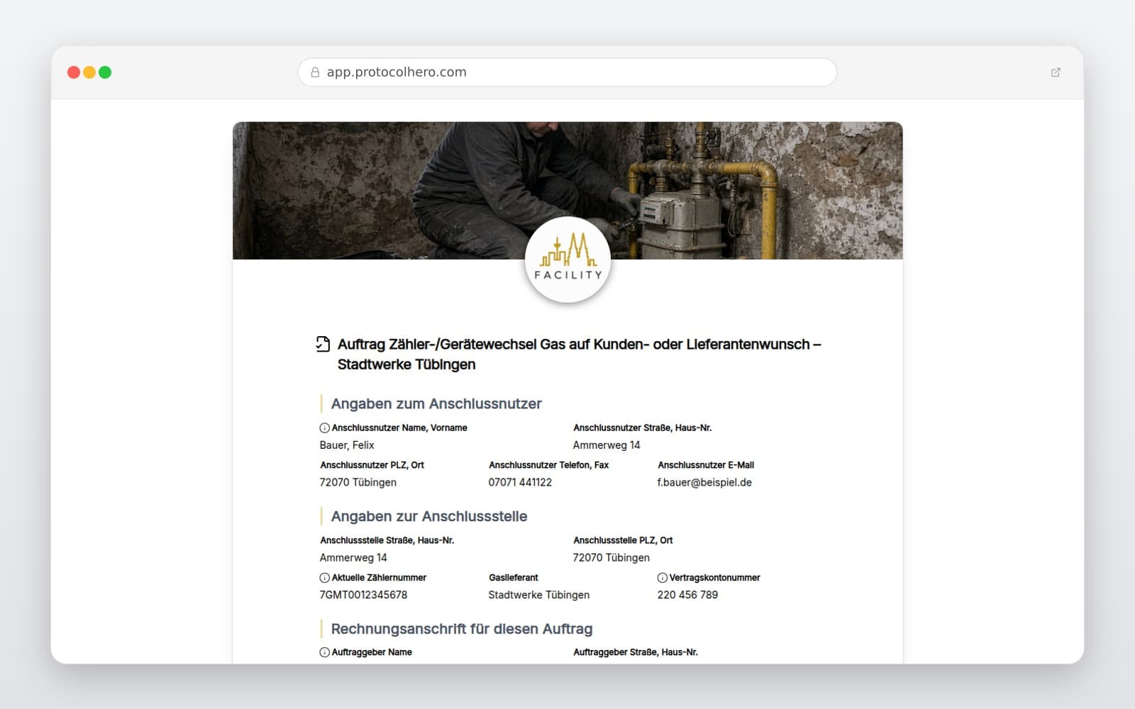 Vorschau der Vorlage „Auftrag Zähler-/Gerätewechsel Gas auf Kunden- oder Lieferantenwunsch – Stadtwerke Tübingen"