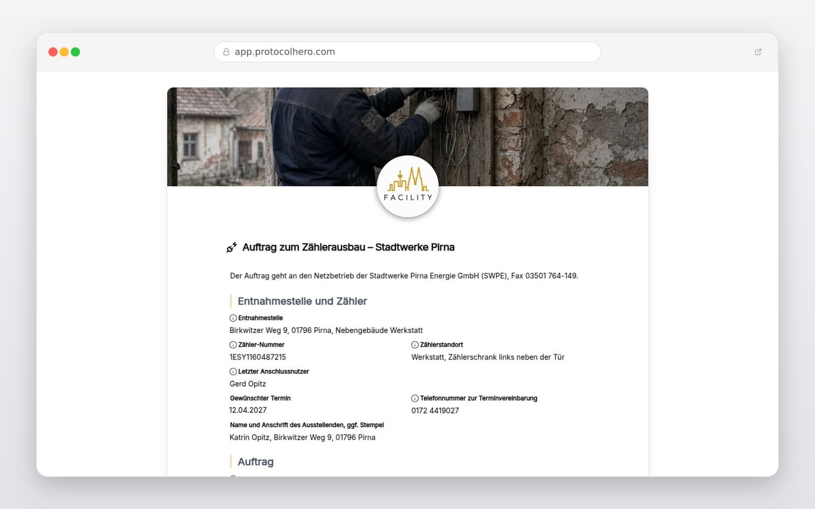 Vorschau der Vorlage „Auftrag zum Zählerausbau – Stadtwerke Pirna"