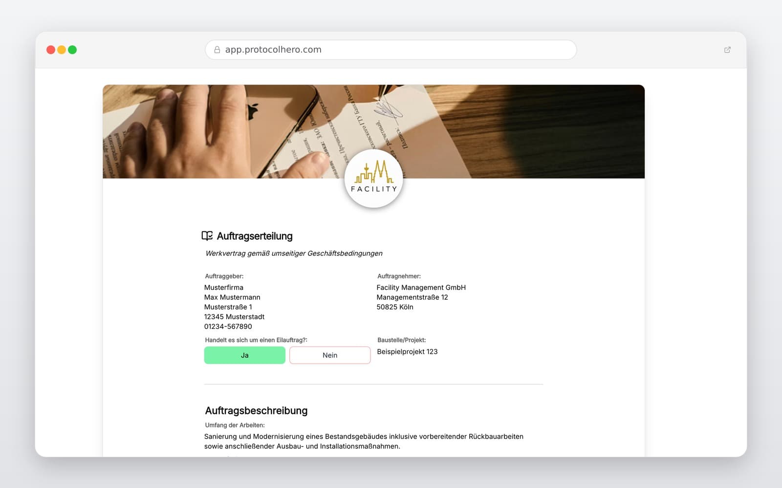 Vorschau der Vorlage „Auftragserteilung Vorlage – Handwerker digital & rechtssicher beauftragen"