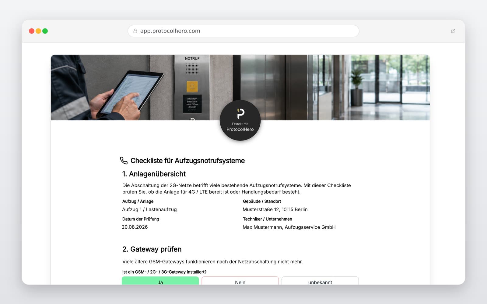Vorschau der Vorlage „Aufzugsnotruf Checkliste – Vorlage zur Funktionsprüfung & Dokumentation"