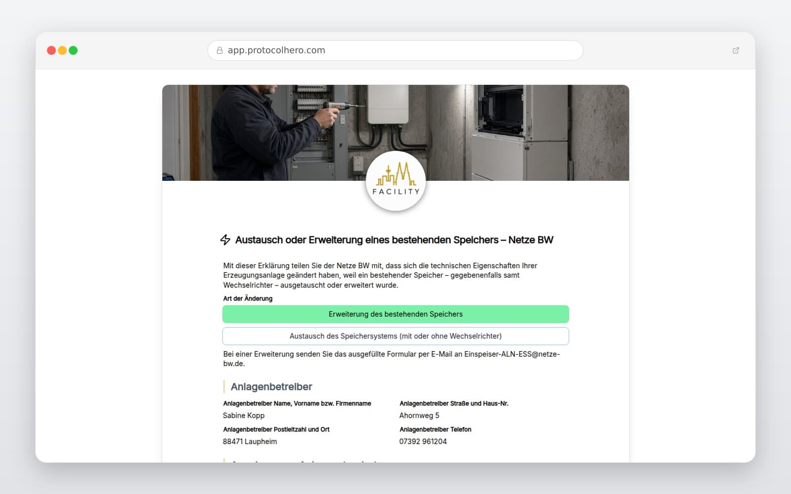 Vorschau der Vorlage „Austausch oder Erweiterung eines bestehenden Speichers – Netze BW"