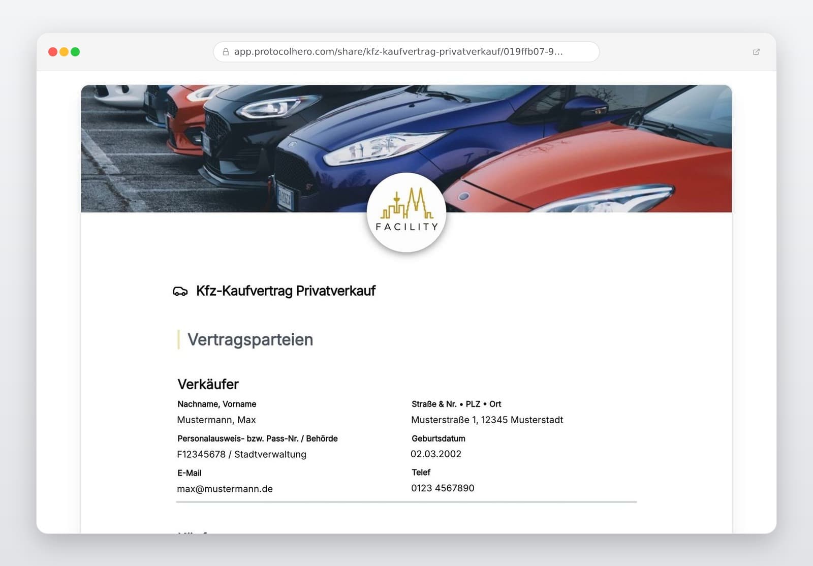 Vorschau der Vorlage „Kfz-Kaufvertrag für Privatpersonen"