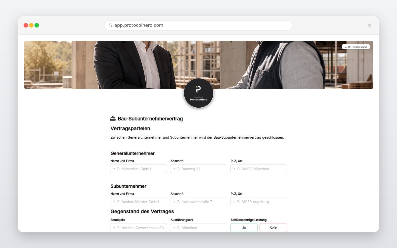 Vorschau der Vorlage „Bau-Subunternehmervertrag Vorlage – Digitaler Nachunternehmervertrag"