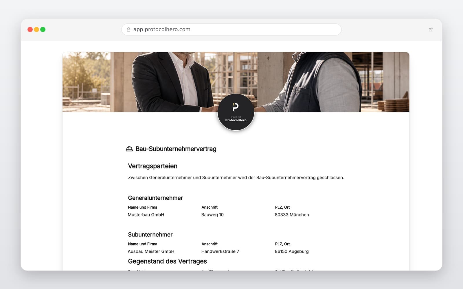 Vorschau der Vorlage „Bau-Subunternehmervertrag Vorlage – Digitaler Nachunternehmervertrag"