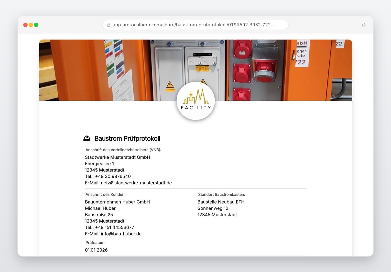 Vorschau der Vorlage „Baustrom Prüfprotokoll – Baustromverteiler nach VDE 0105-100 / DGUV V3"