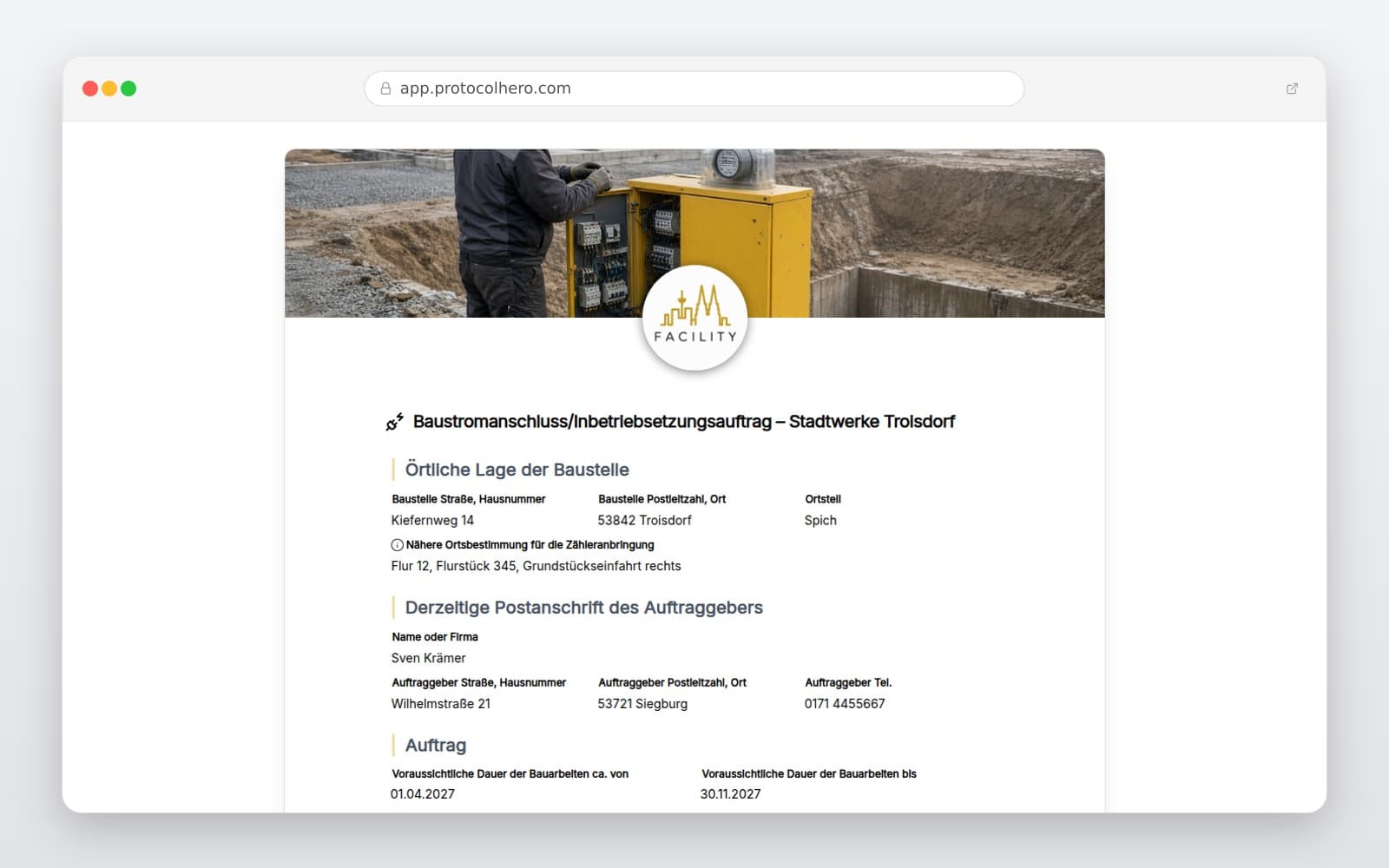 Vorschau der Vorlage „Baustromanschluss/Inbetriebsetzungsauftrag – Stadtwerke Troisdorf"