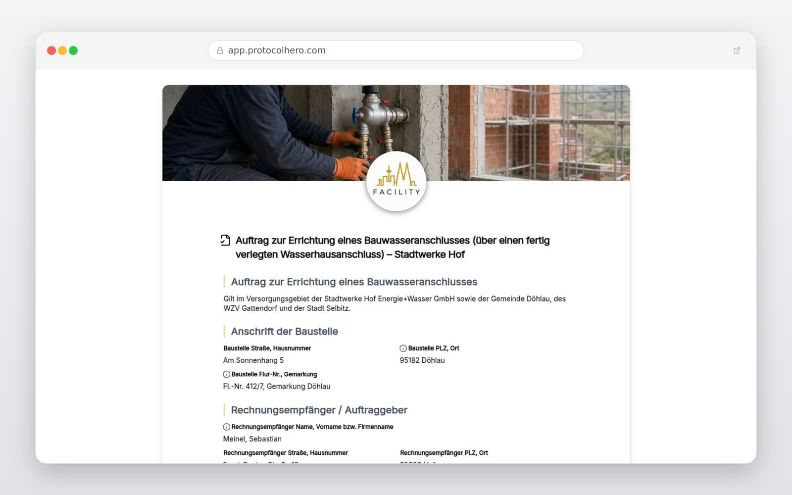 Vorschau der Vorlage „Auftrag zur Errichtung eines Bauwasseranschlusses (über einen fertig verlegten Wasserhausanschluss) – Stadtwerke Hof"