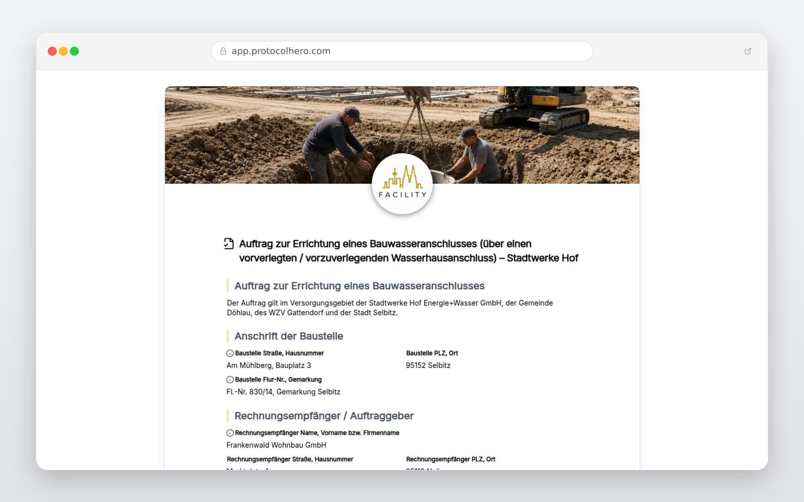 Vorschau der Vorlage „Auftrag zur Errichtung eines Bauwasseranschlusses (über einen vorverlegten / vorzuverlegenden Wasserhausanschluss) – Stadtwerke Hof"