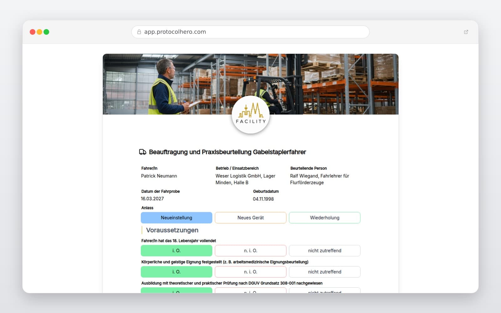 Vorschau der Vorlage „Beauftragung und Praxisbeurteilung Gabelstaplerfahrer"