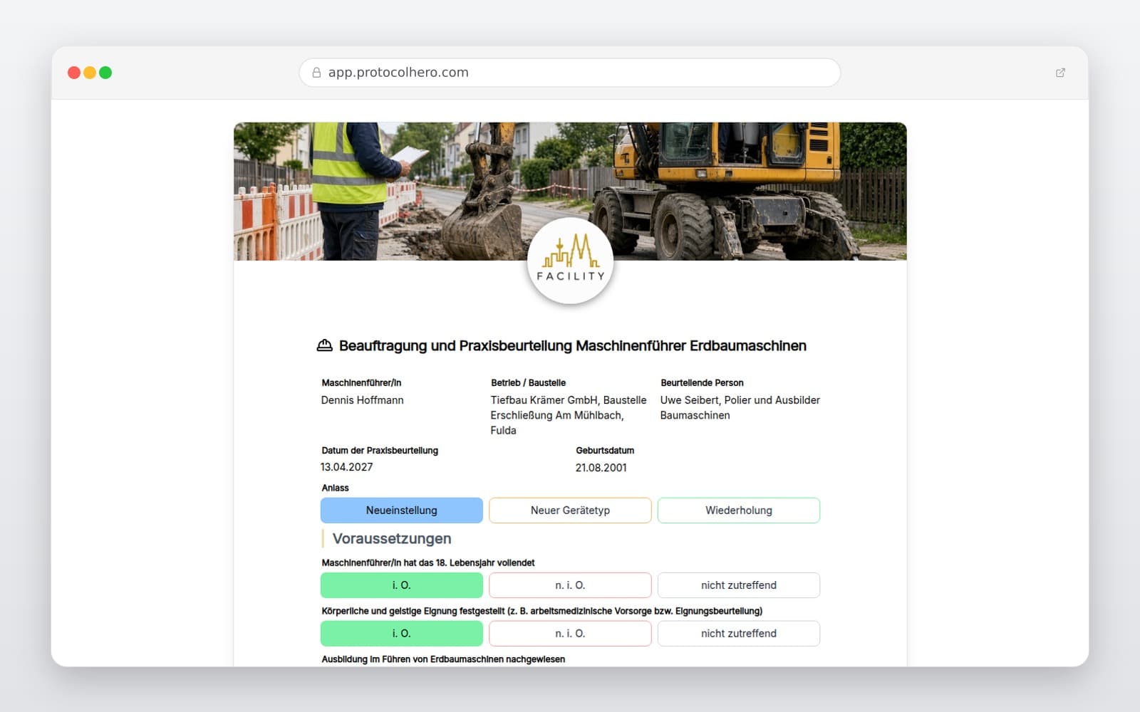 Vorschau der Vorlage „Beauftragung und Praxisbeurteilung Maschinenführer Erdbaumaschinen"