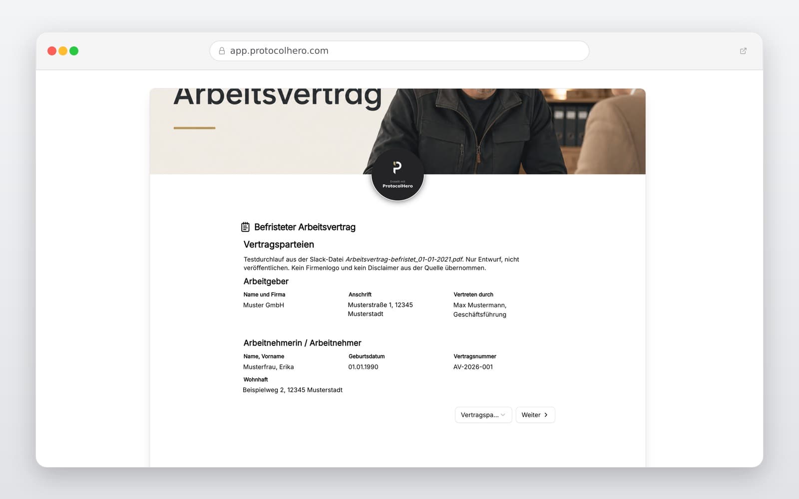 Vorschau der Vorlage „Befrister Arbeitsvertrag Vorlage – rechtssicher & digital"