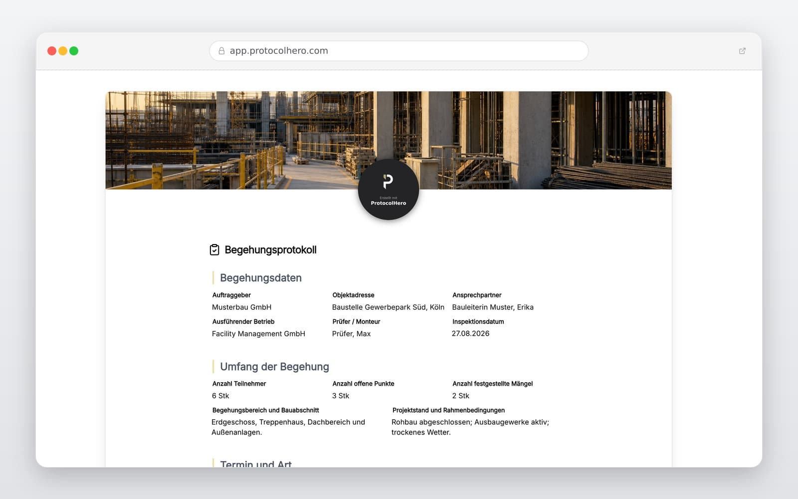 Vorschau der Vorlage „Begehungsprotokoll Vorlage – Digital dokumentieren & Mängel erfassen"