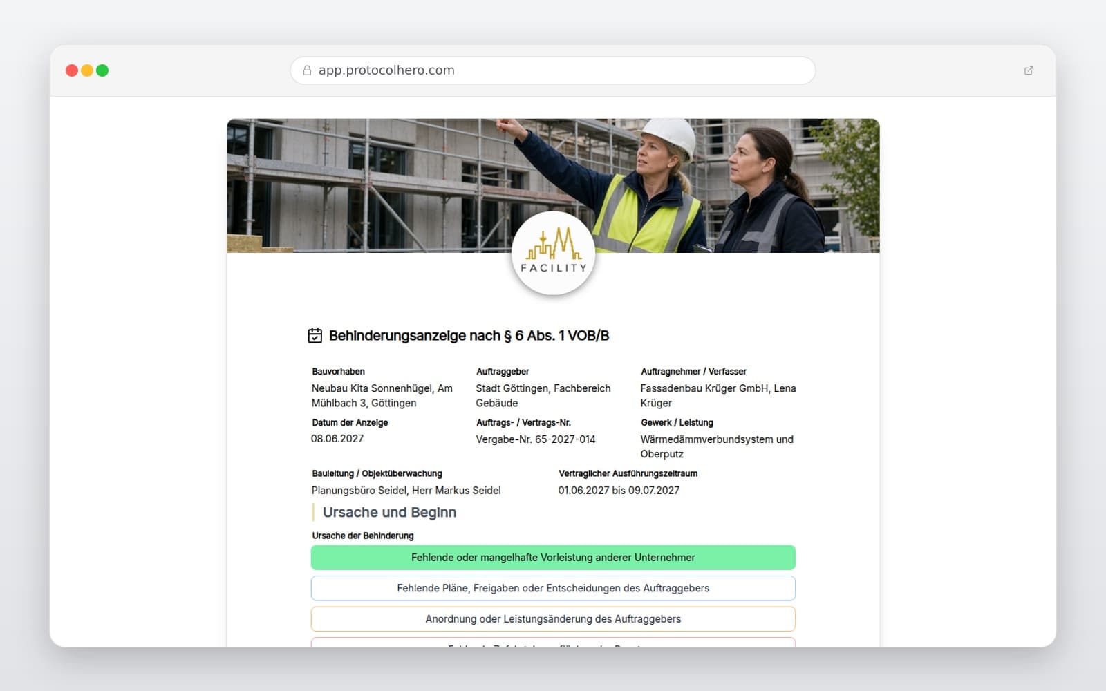 Vorschau der Vorlage „Behinderungsanzeige nach § 6 Abs. 1 VOB/B"