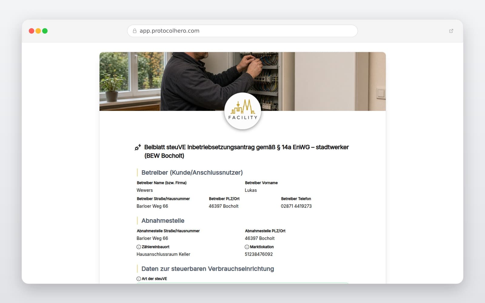 Vorschau der Vorlage „Beiblatt steuVE Inbetriebsetzungsantrag gemäß § 14a EnWG – stadtwerker (BEW Bocholt)"