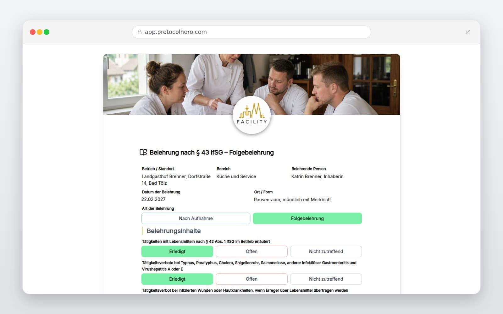 Vorschau der Vorlage „Belehrung nach § 43 IfSG – Folgebelehrung"