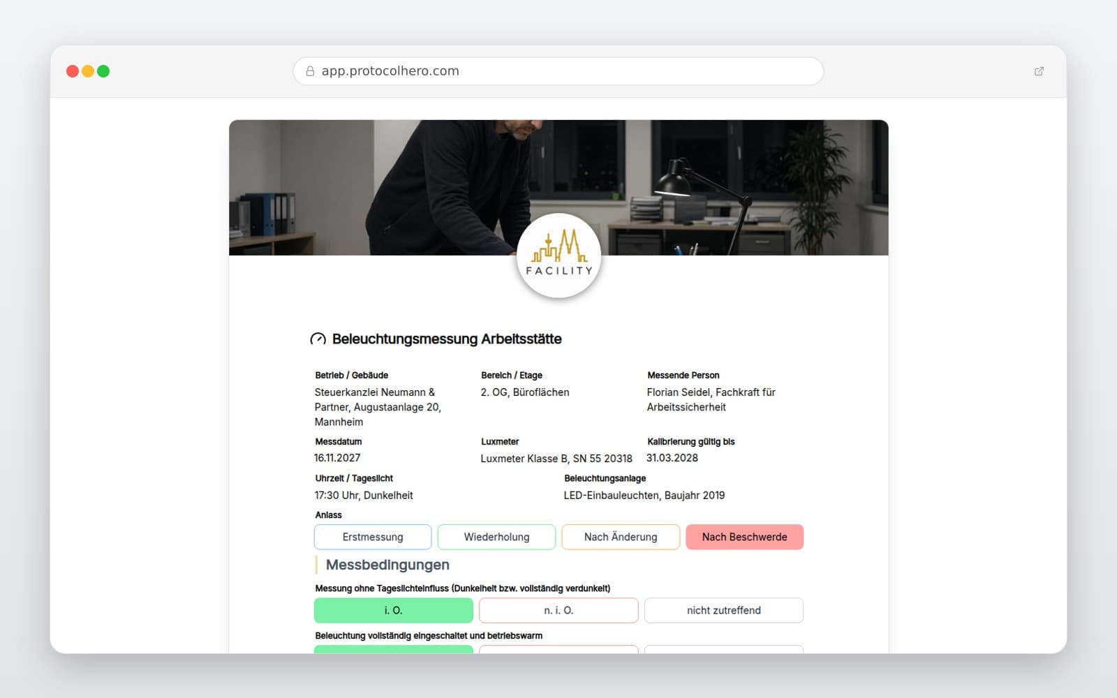 Vorschau der Vorlage „Beleuchtungsmessung Arbeitsstätte"