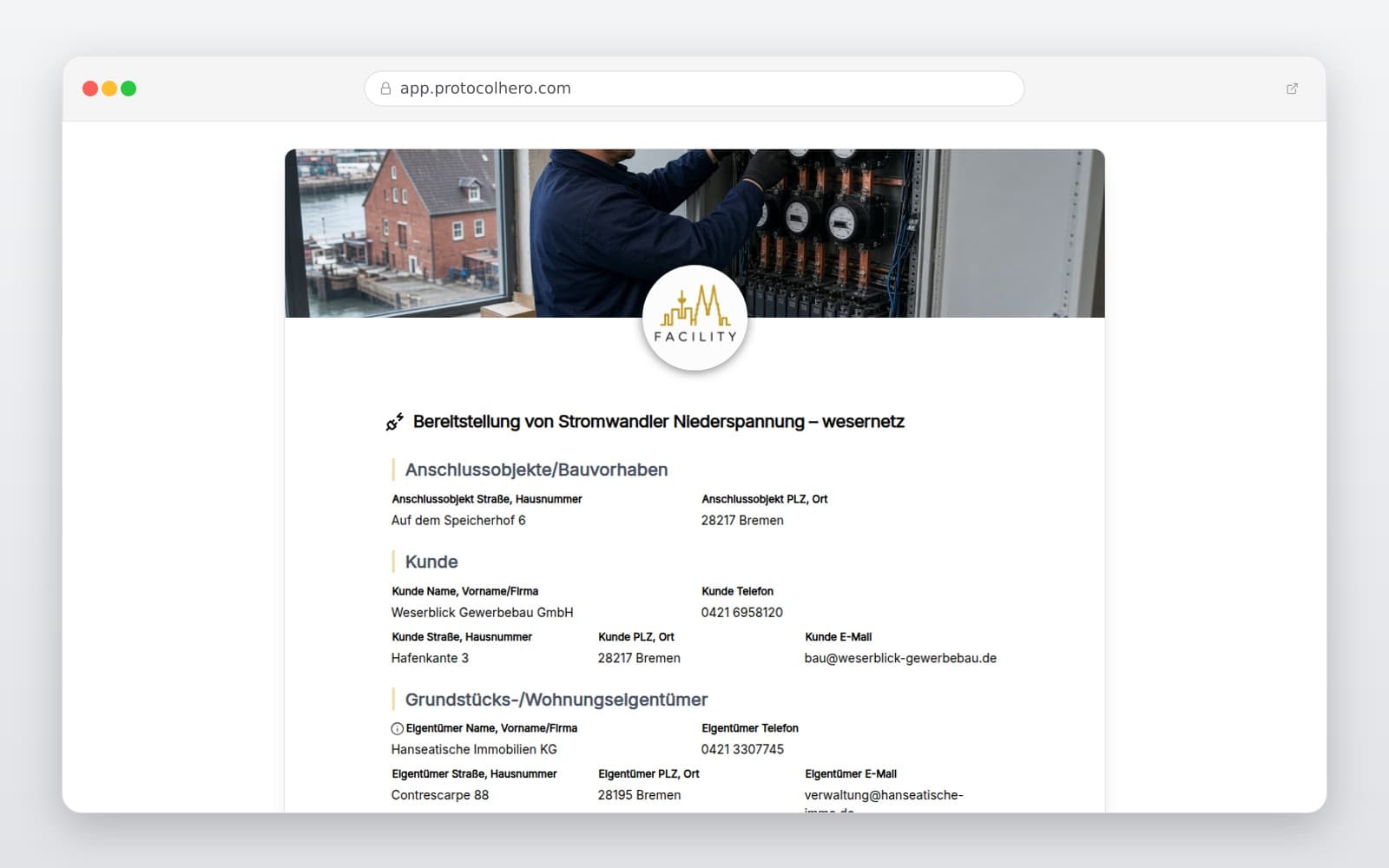 Vorschau der Vorlage „Bereitstellung von Stromwandler Niederspannung – wesernetz"